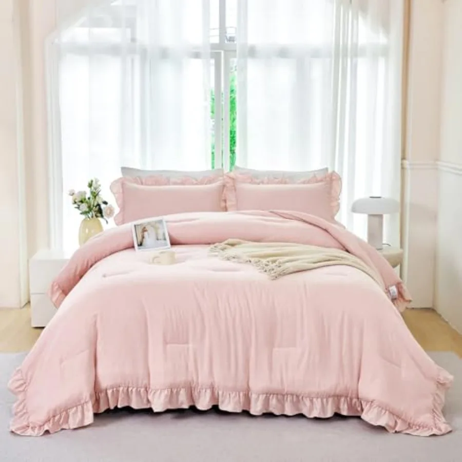 

5 Pieces Ruffled Comforter Sets Full Farmhouse Bed in A Bag with Layer Ruffle Soft Lightweight Bedding Sets with Sheet Sets, Pi