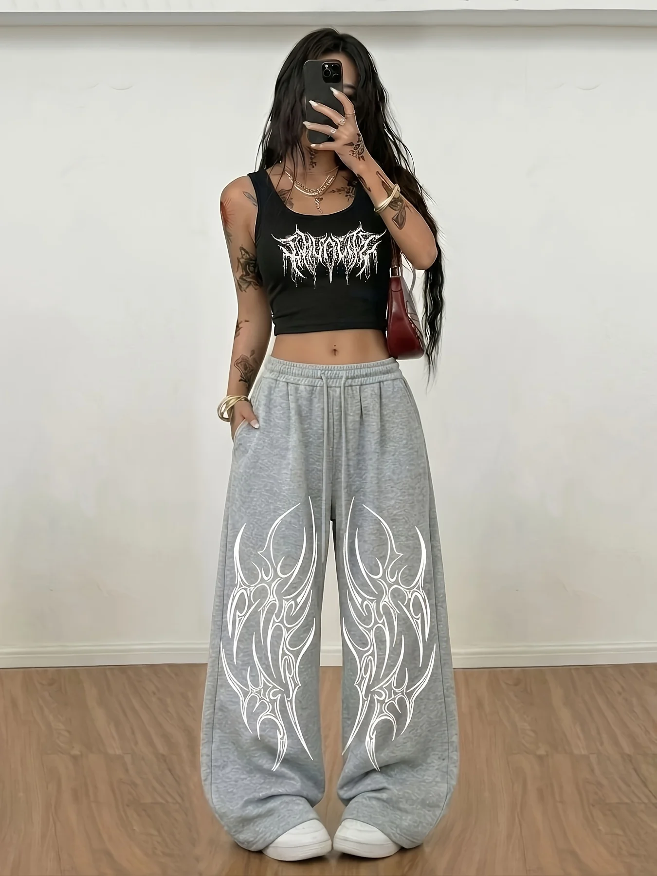 Women's  Thorns Print Fleece Sweatpants for Autumn and Winter Warm Casual Loose Stylish and Versatile Streetwear Trendy
