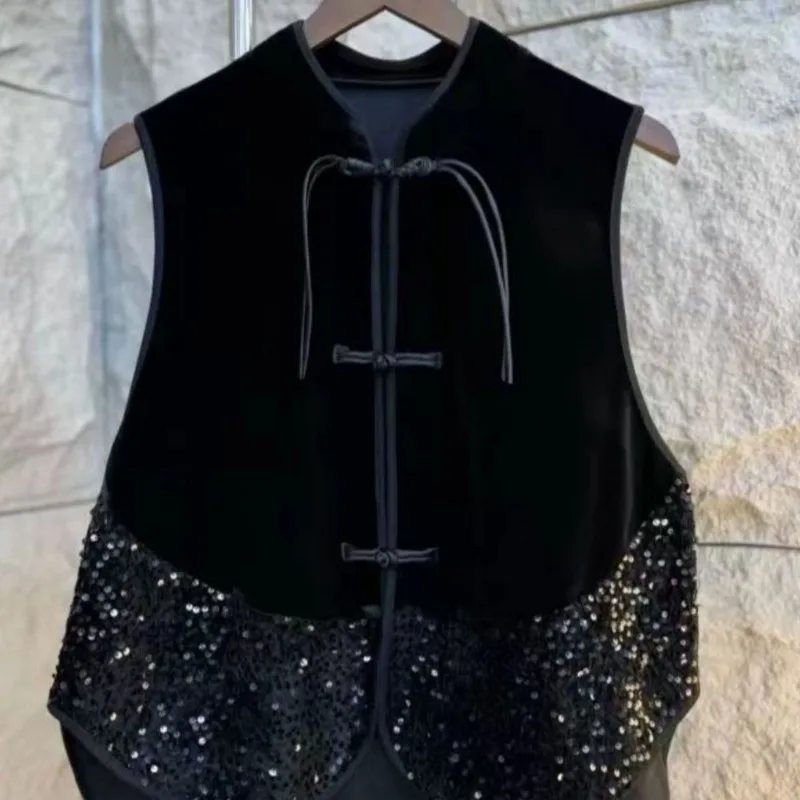 

Top Women Summer Chinese Style Premium Button-Fastening Patchwork Sequin Sleeveless Vest Velvet Jacket Waistcoat Niche Versatile