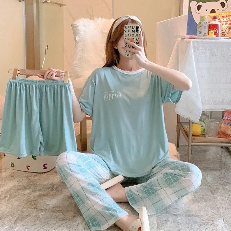 Three-Piece Set Pajamas Female Letters Plaid Trousers Student Home Wear Short-Sleeved Long Trousers Ladies Sleepwear Nightwear