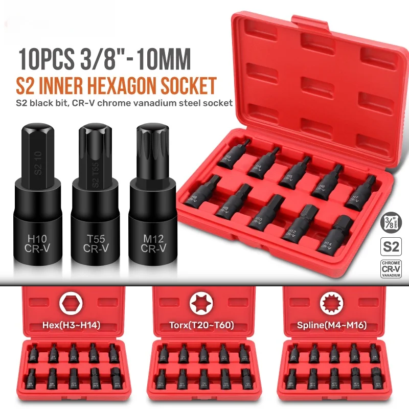 

Chrome Vanadium Alloy Steel Hexagonal Socket Set Torx Tool Socket Head used to Manual Wrench Box Hexagon Bit T20-60 H3-14 M4-16