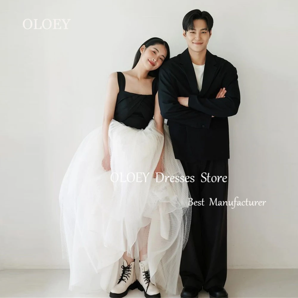 

OLOEY Square Collar Black Ivory A Line Prom Dress Korea Wedding Photoshoot Sleeveless Long Party Dress Satin Tulle Custom Made