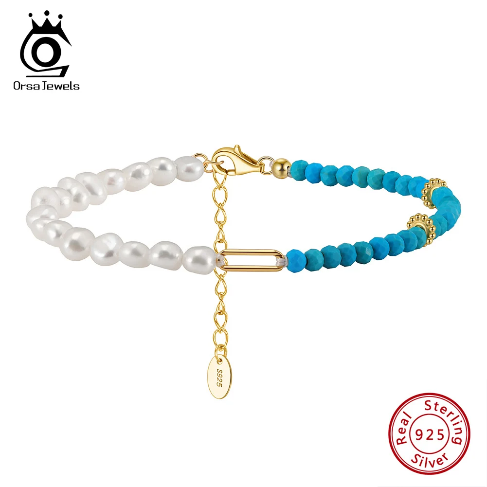 

ORSA JEWELS Vintage Turquoise Chain Bracelet with Natural Pearls 925 Silver Female Party Pearl Beads Bracelet Jewelry Gift MPB06