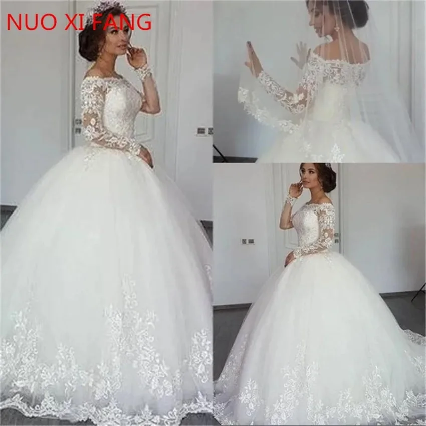 

2024 Luxury Applique Long Sleeves Wedding Dresses Princess Vestido de Noiva Sweep Train Boat Neck Off The Shoulder Bridal Gowns