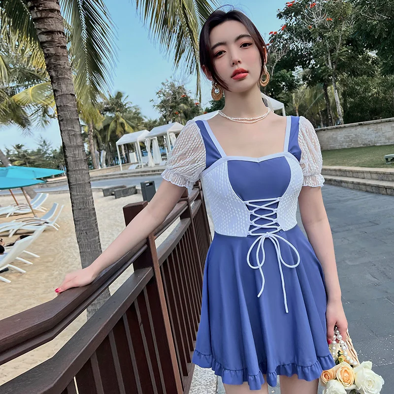 

Women's 2023 Summer Bathing Suit Push Up One Piece Swimsuit Belt Korea Swimwear Swimsuit Women with Skirt Swim Suit Dress