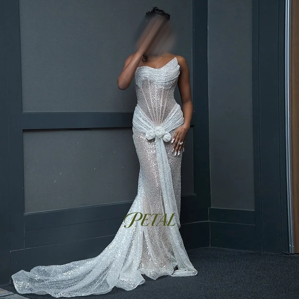 Petal White Evening Dress with Sequins Glitter Prom Dress with Pleats Strapless Christmas Dress فساتين مناسبة رسمية Customized