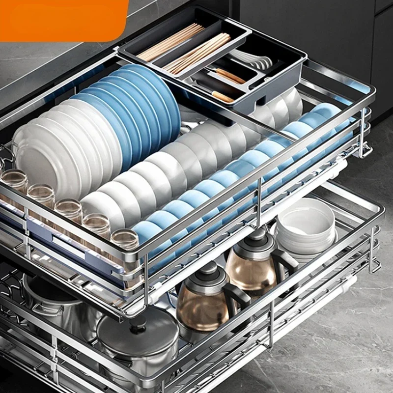 304 Stainless Steel Drawer House Dish Rack Kitchen Cabinet Double-Layer Seasoning Blue Storage Damping Drawer Basket of Dishes