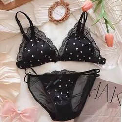 French simple sexy lace non-underwire triangle cup thin bra big chest small top support anti-sagging underwear set