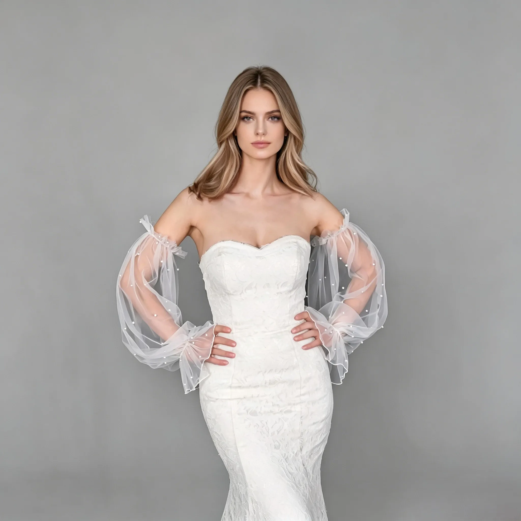 Women Elegant Pearl Mesh Fingerless Gloves Boho Long Lantern Sleeves Tulle Bridal Wedding Party Evening Gown Accessories GM30