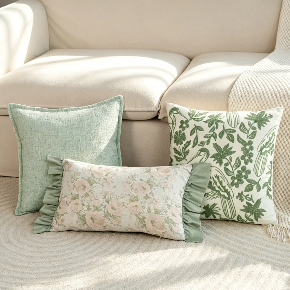 BUYNOW 1 Stück grüner Kissenbezug mit Blumen- und Tiermuster und Rüschen für Sofa und Schlafzimmer, Kissenbezug mit Blattmuster, Dekokissenbezug