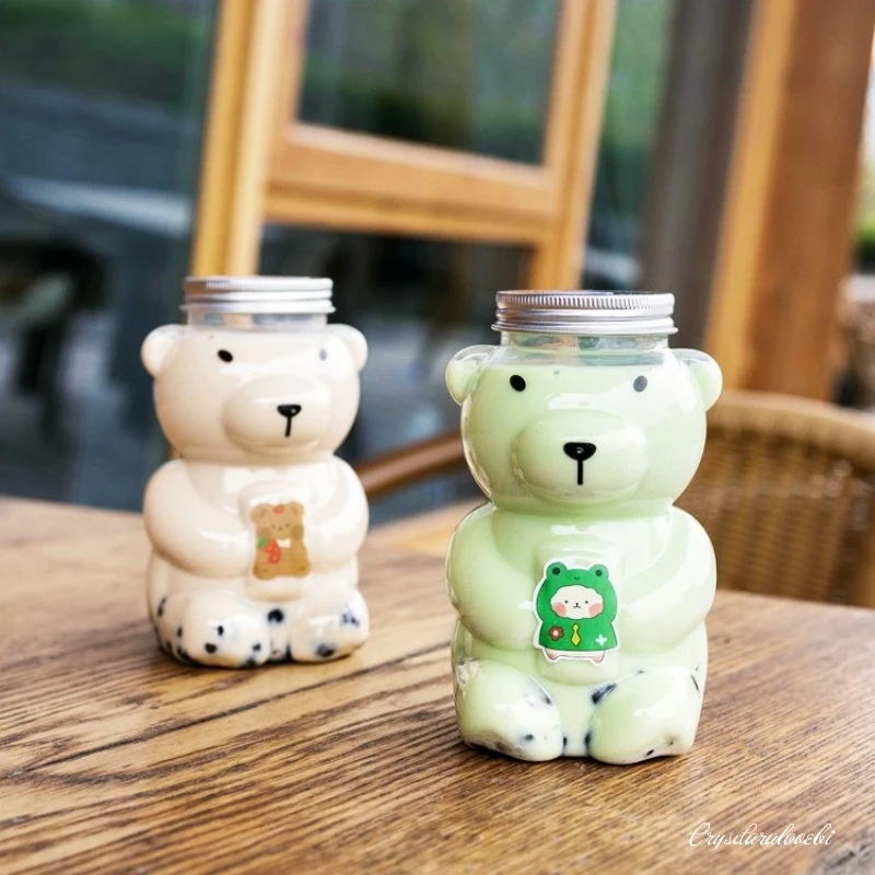 12pcs 400ml Cute Bear Bubble Tea Bottle Shaped Milk Juice Drink Take Away Packaging Cup Beverage Packaging Bottles