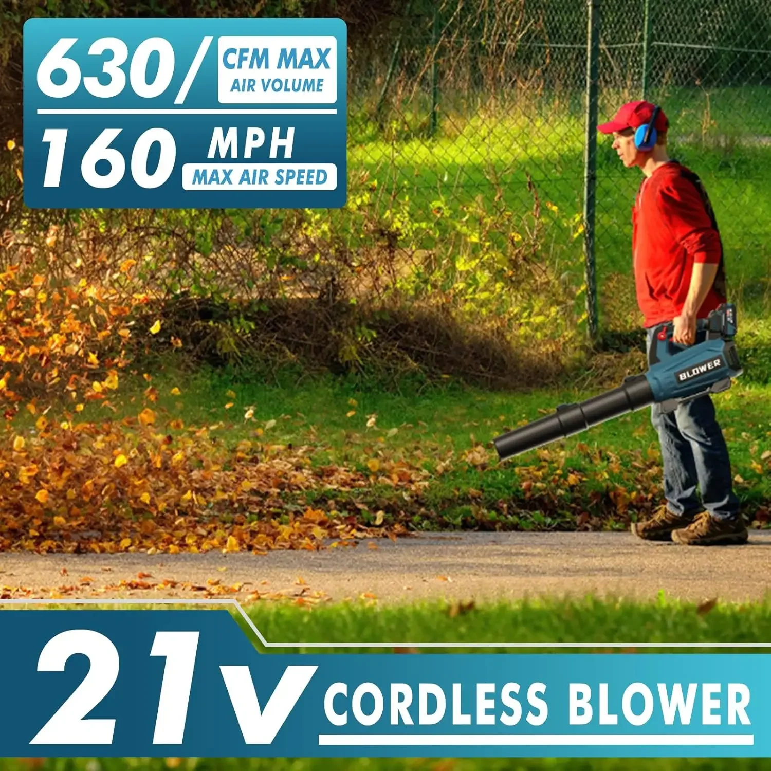 

Leaf Blower Cordless - 630CFM/160MPH, 21V Powerful Electric Cordless Leaf Blower with 2 x 4.0Ah Batteries and Charger
