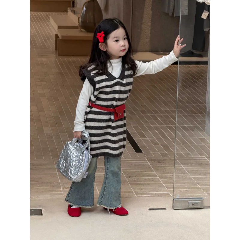 

2025Autumn New Children's Clothing Children's Clothing Girls Striped Wool Vest Skirt Knitted Skirt with Red Belt Included