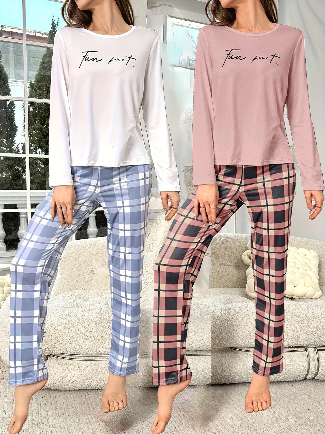 

Комплект из четырех предметов: женская осенне-зимняя теплая пижама нового стиля, длинные рукава с буквенным узором и длинными брюками с большой завязкой, ca