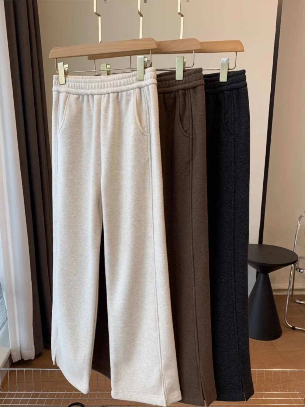 Thiened Warmth Woolen Casual Wide Leg Pants High Waist Long Trousers Slim Fit Vintage Acetate Woolen Pants for Winter