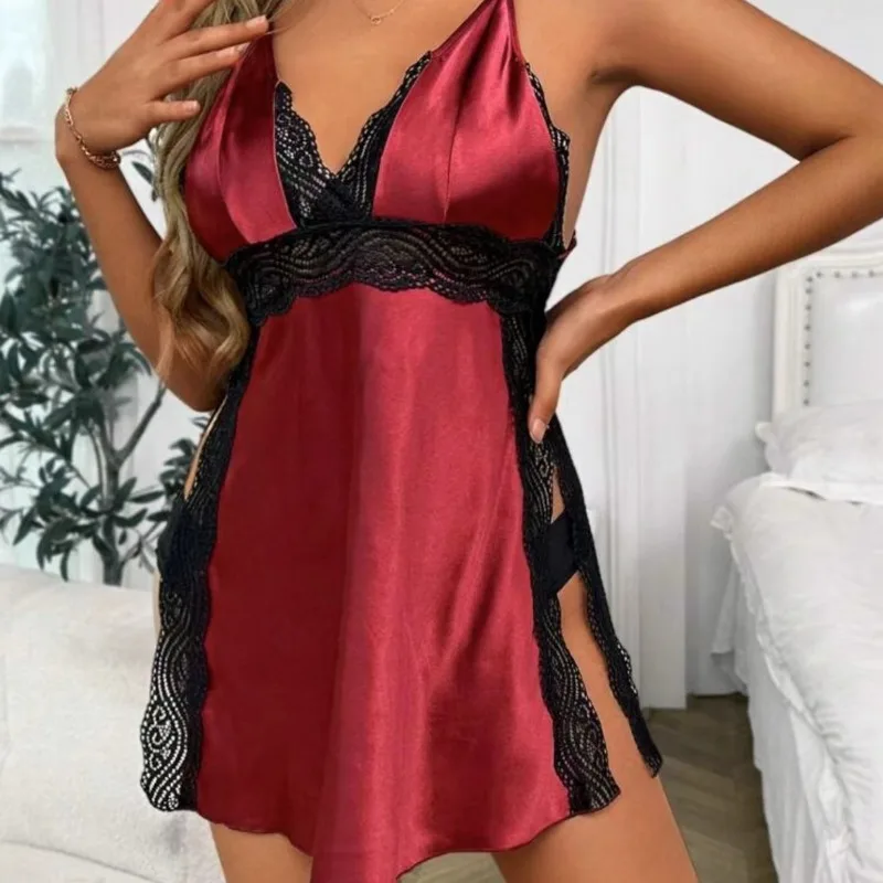 

Sexy Pajama Woman with Strappy Slit Satin Straps Sexy Lace Lingerie Set Women Valentine Nightwear Adjustable Straps Night Dress