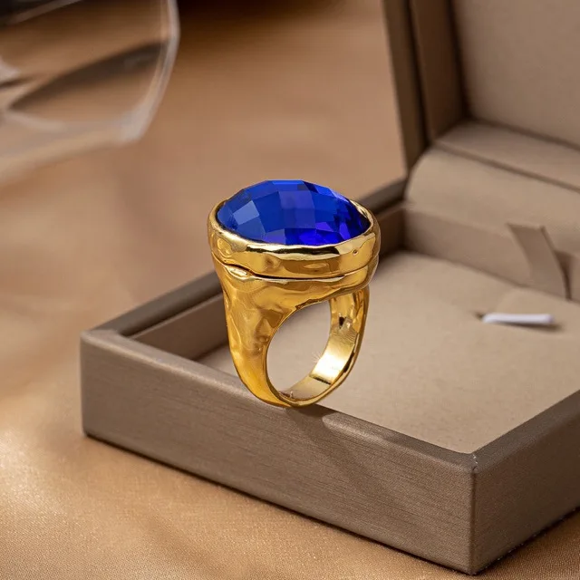 

Gold large handmade inlaid sapphire metal smooth ring for both men and women