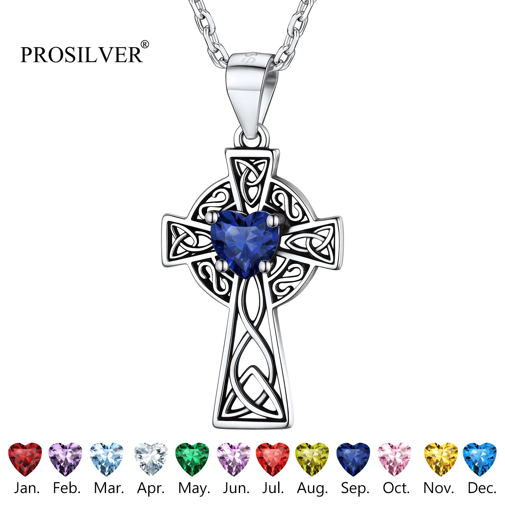 PROSILVER Celtic Cross Sterling Silver Cubic Zirconia Birthstone 12 Months Pendant Chain Vintange Women Girl Necklace PYP15152G