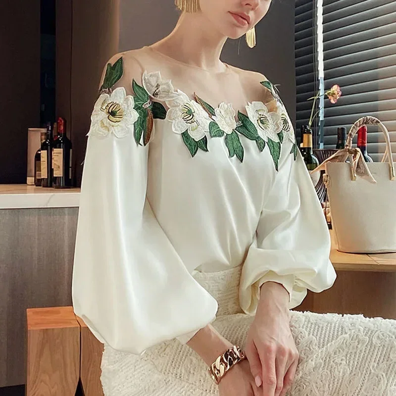 New Mesh Patchwork Satin Blouse Women Elegant Embroidered Shirt O-neck Tops Spring Long Lantern Sleeve Women\'s Clothes 24976