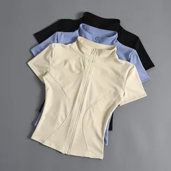 Slim Zipper Yoga Short Sleeve Top Casual Standing Collar Fitness Jacket Quick Dry Breathable Outdoor Yoga Clothing