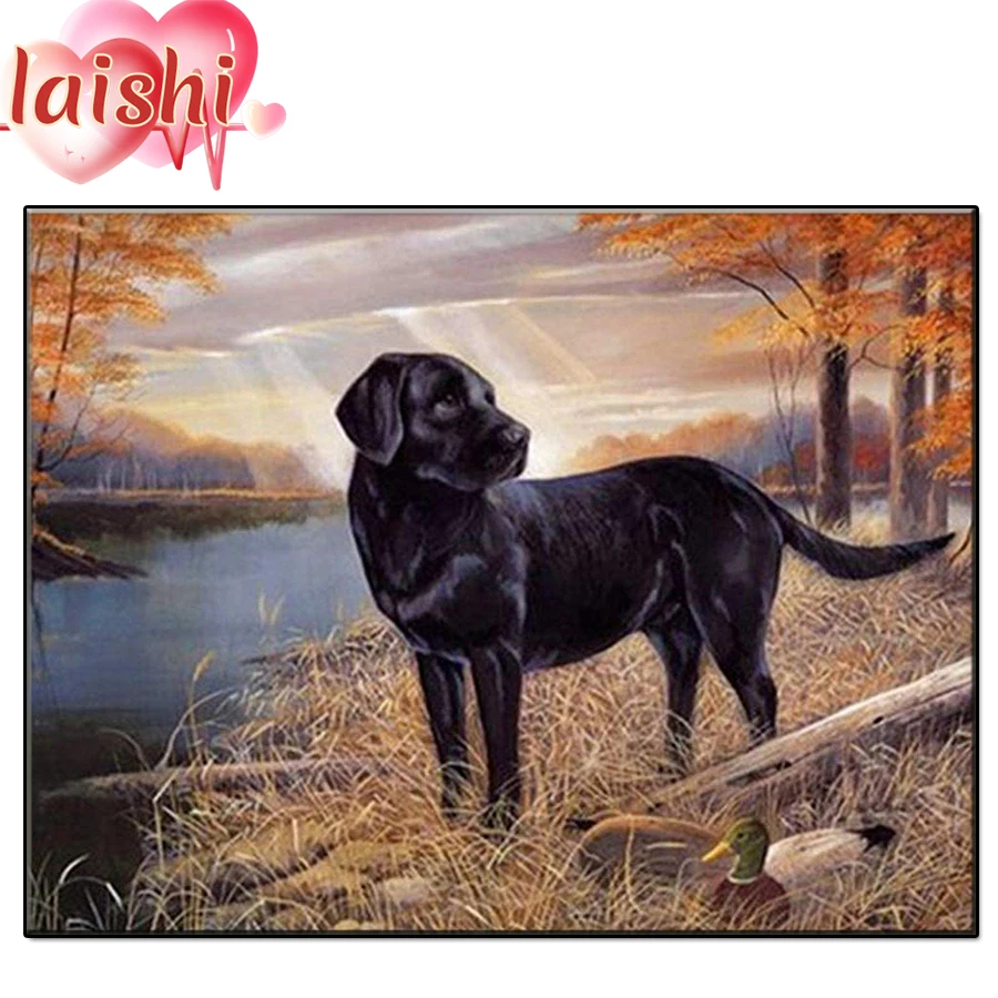 Lakeside farm landscape, black dog Full square/Round Diamond embroidery diamond Painting Rhinestone Of picture Mosaic Diamond