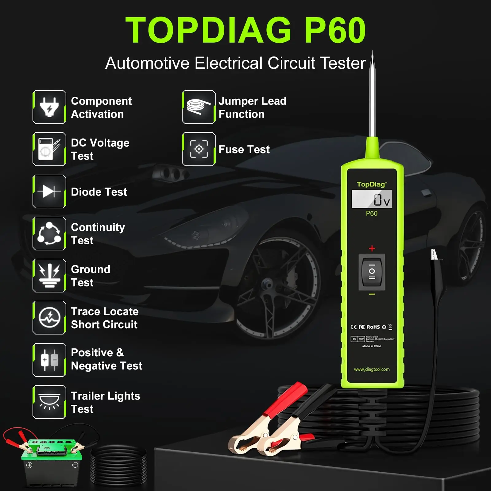 Topdiag P60 12V Test Light Automotive Power Circuit Probe Kit Car Fuse Tester Voltage Tester 0.3V-70V AC DC Outlet Tester 12V 24V Automotive Short Circuit Finder