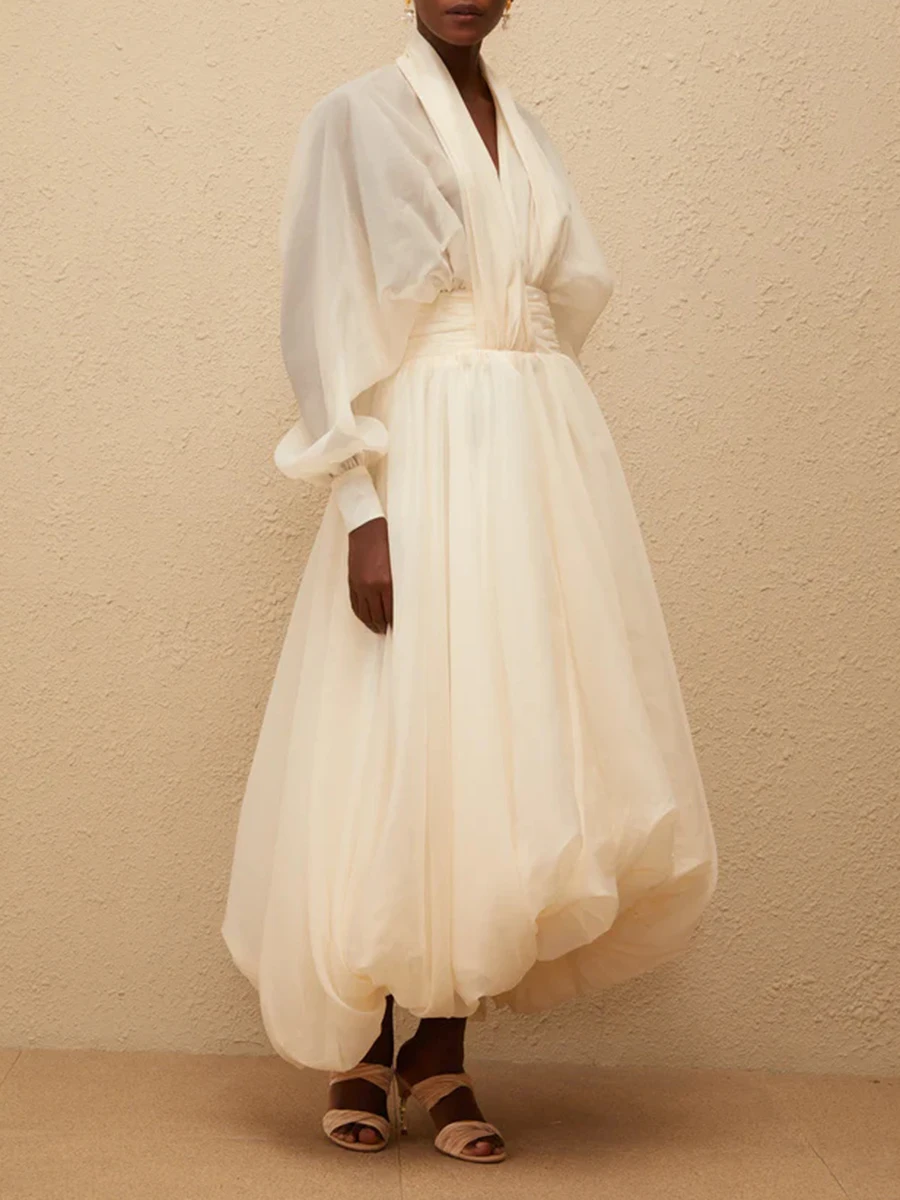 VGH Urlaub Gespleißt Unregelmäßigen Saum Kleider für Frauen V-ausschnitt Laterne Hülse Hohe Taille Transparent Puff Kleid Weibliche Herbst Stil