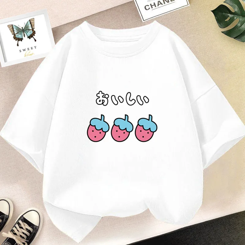 2026 Strawberry Girl Short Sleeved T Shirt Summer Kids Cotton Loose T-Shirts Harajuku Kawaii Doughnut Tops