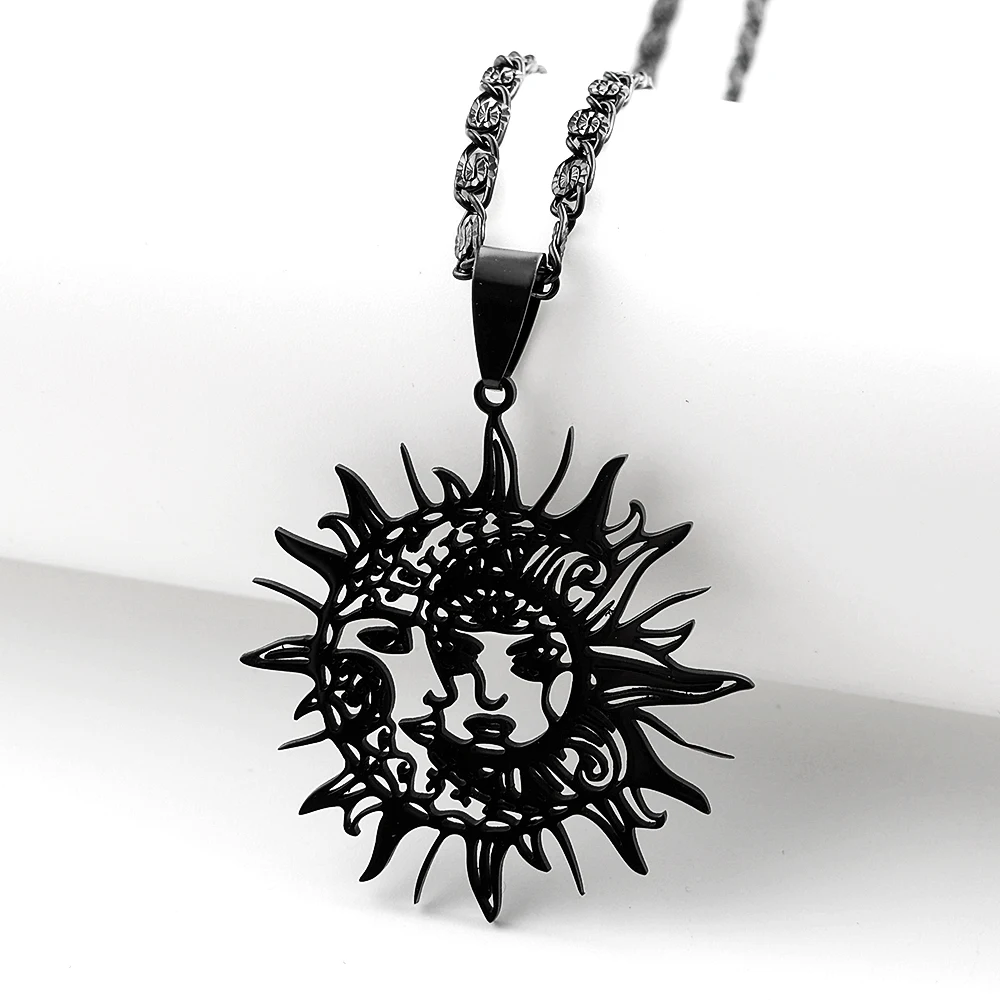 Hollow Witch Crescent Moon Sun God Pendant Necklace for Women Men Stainless Steel Gold Silver Color Amulet Chain Jewelry Gift