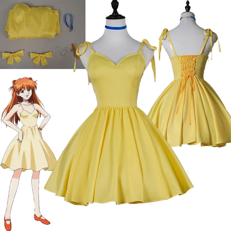 

Asuka Langley Soryu Cosplay Costume Asuka Cosplay Yellow Dress Accessories Adult Female Performance Halloween Role Play Uniform