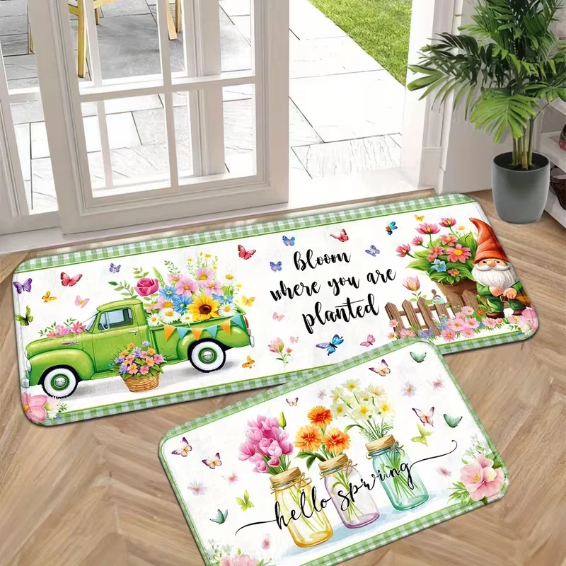 Spring Floral Print Washable Carpet Indoor Anti-fatigue Door Mat  Non-slip for Front Door, Kitchen, Bedroom Bedside MaT
