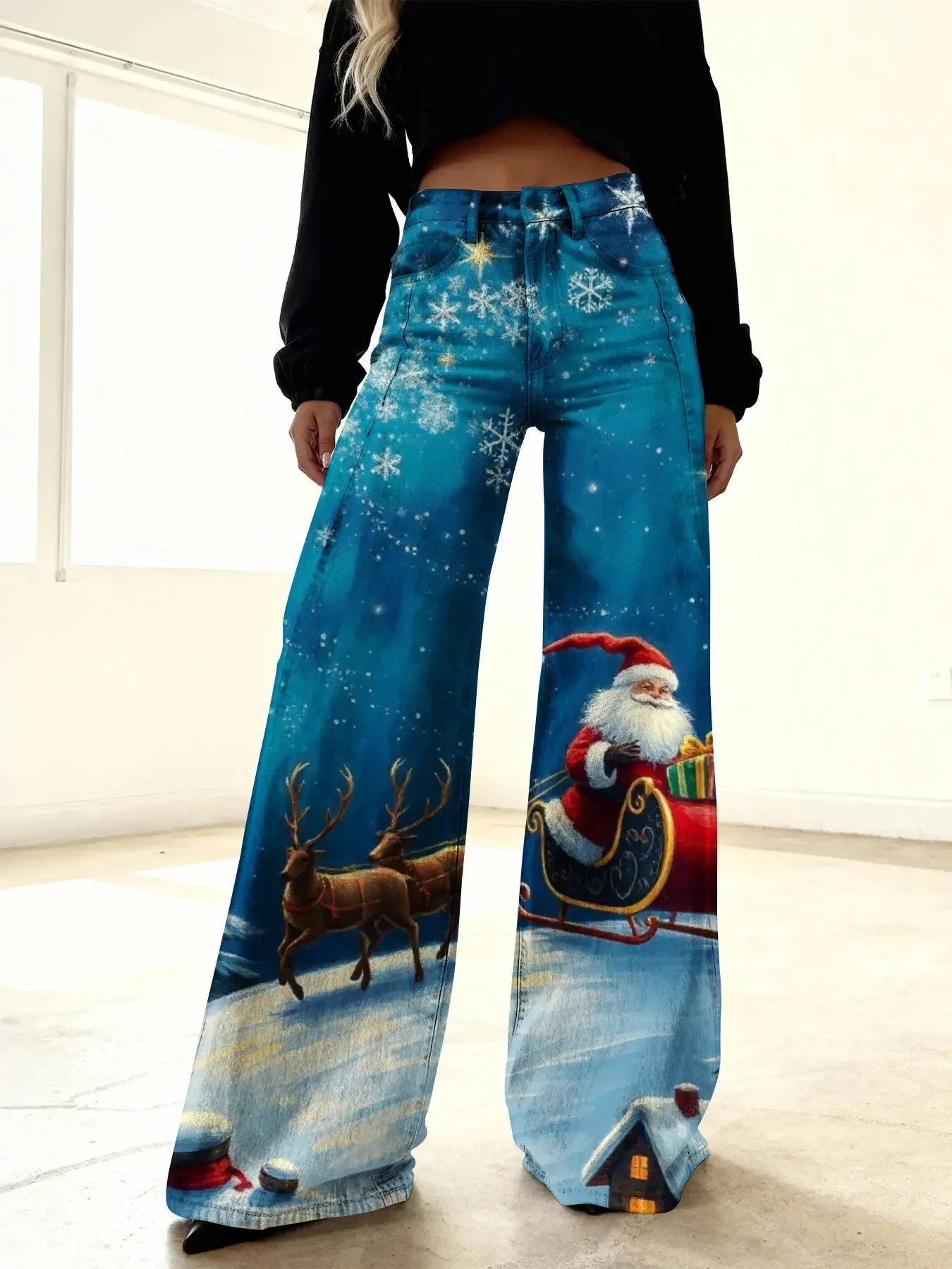 Ladies' imitation denim pants lollipop house snowflake bow pattern autumn/winter 3D pattern