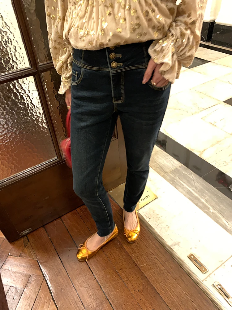 ハイウエストスリムフィットジーンズ レディース Sサイズ 2024年新作 スタイリッシュカジュアル コットンストレッチデニム ハイウエストスキニーパンツ