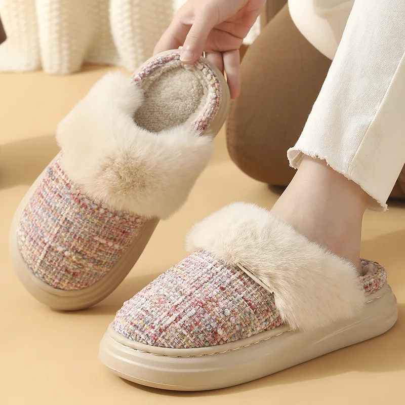 Big Size 46‑47 Women New Winter Plush Slippers Furry Couple House Slippers Thick Sole Non‑Slip Warm Soft Indoor Home Footwear