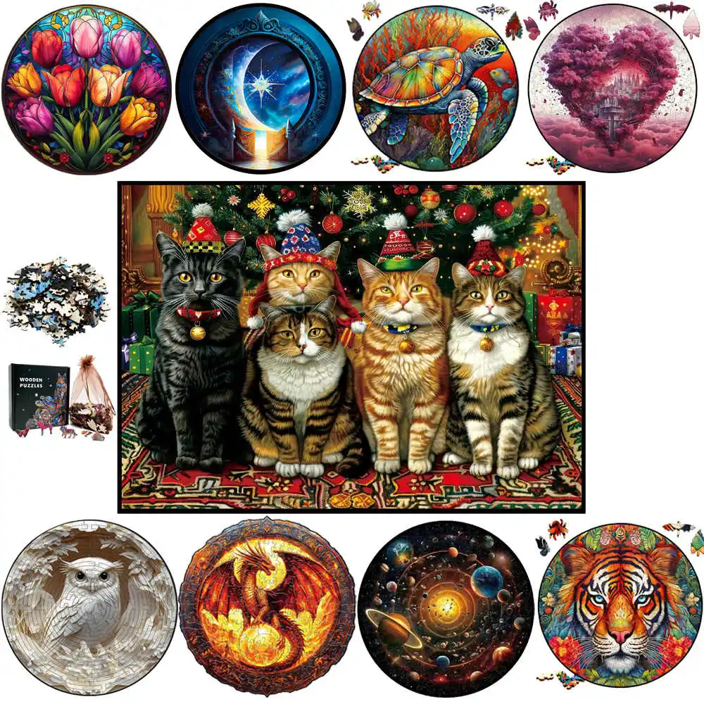 

Cat Dressed for Christmas Wooden Animal Puzzle for Adult Kids Intelligent Wood Puzzles Decompressed Toys Holiday Gifts
