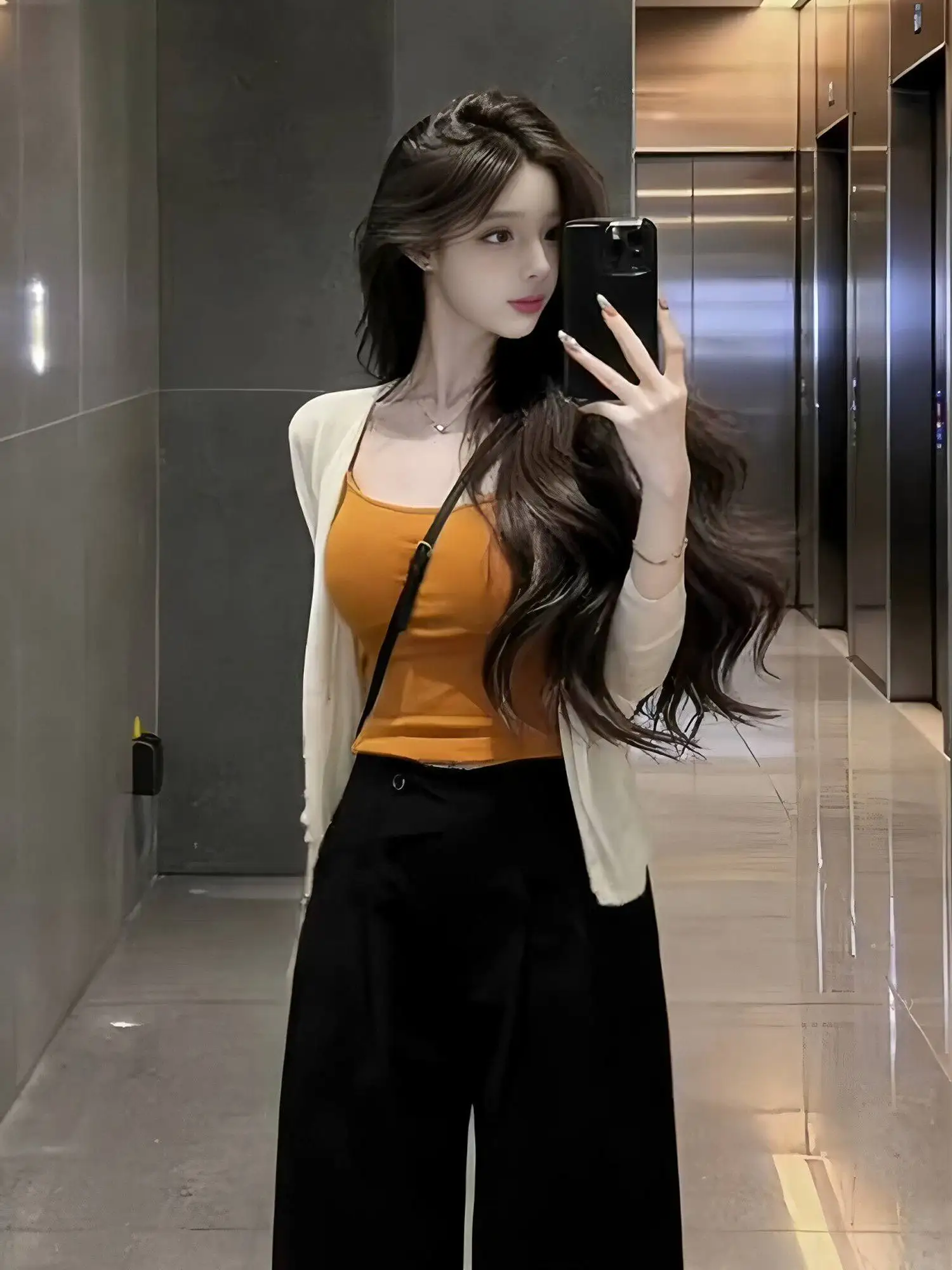 Orange Knitted Knit Tank Top And Cardigan Two-Piece Set Women's Spring Summer Fashion High-Quality Sensation Leisure Workwear