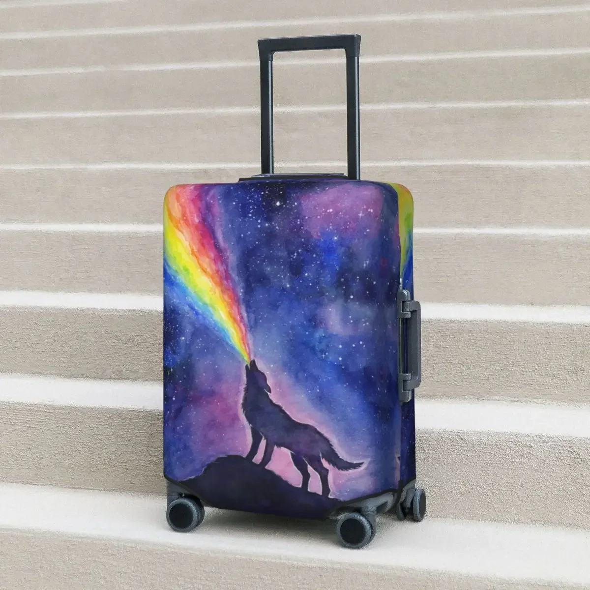 Wolf Howling Rainbow Suitcase Cover Space Travel Flight Useful Xmas Gift Luggage Accesories Protector