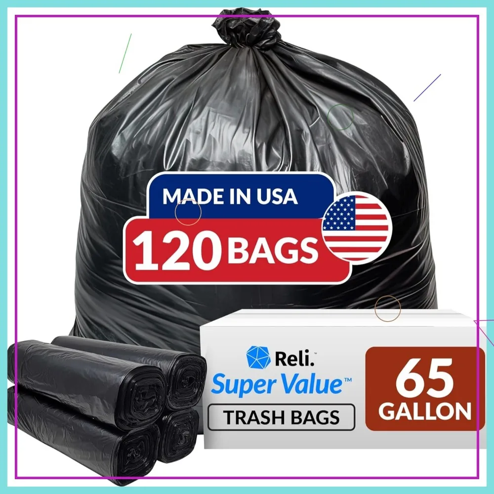 

65 Gallon Heavy Duty Trash Bags, 120 Count, Black Multi-Use Garbage Bags Made in USA