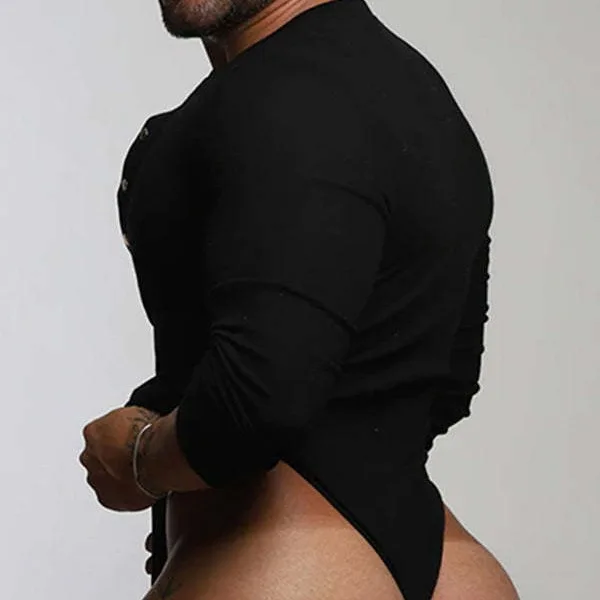 Sexy Men Sheer Mesh See Through Bodysuit Long Sleeve Transparent Jumpsuit Button V-neck Tight Elastic Seductive Erotic Lingerie