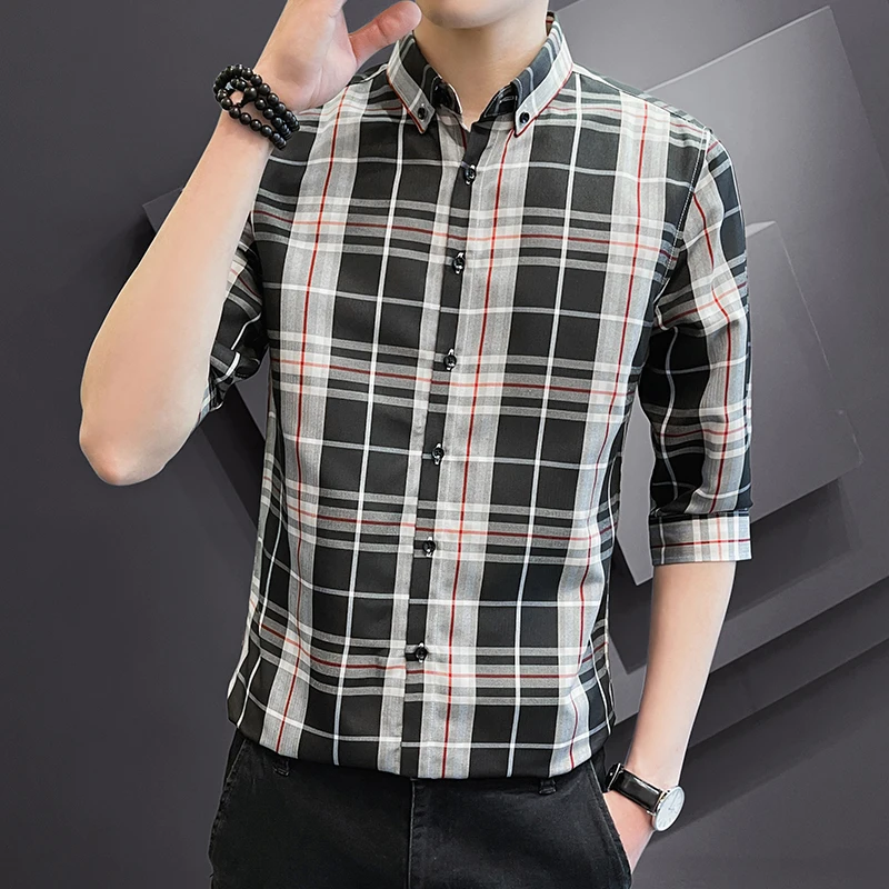 

Light luxury spring and summer wrinkle-free ironing classic plaid shirt man long-sleeve slim trend handsome casual shirt man