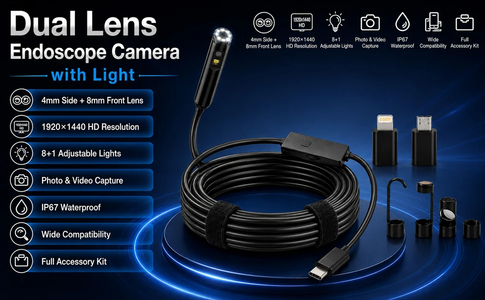 3MP Industrial Endoscope Camera Single/Dual Lens Mini Inspection Camera for Iphone Waterproof Pipeline Borescope Type C
