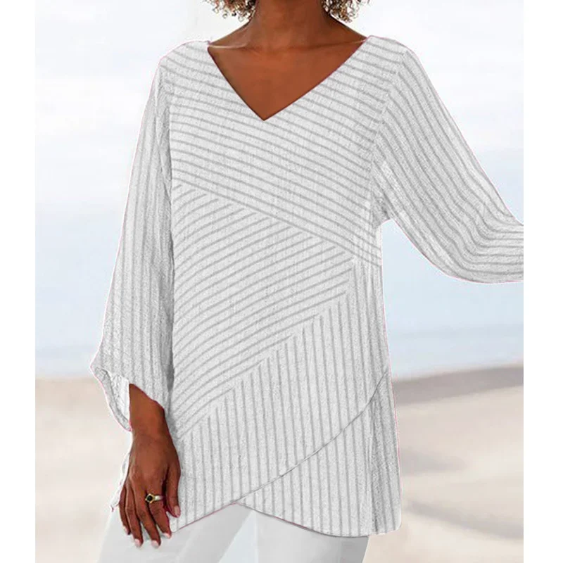 Elegant Stripe Print Deep V Neck Pullover Shirt Irregular Crossover Splicing Blouse Female Simple Style Cotton Linen Casual Tops