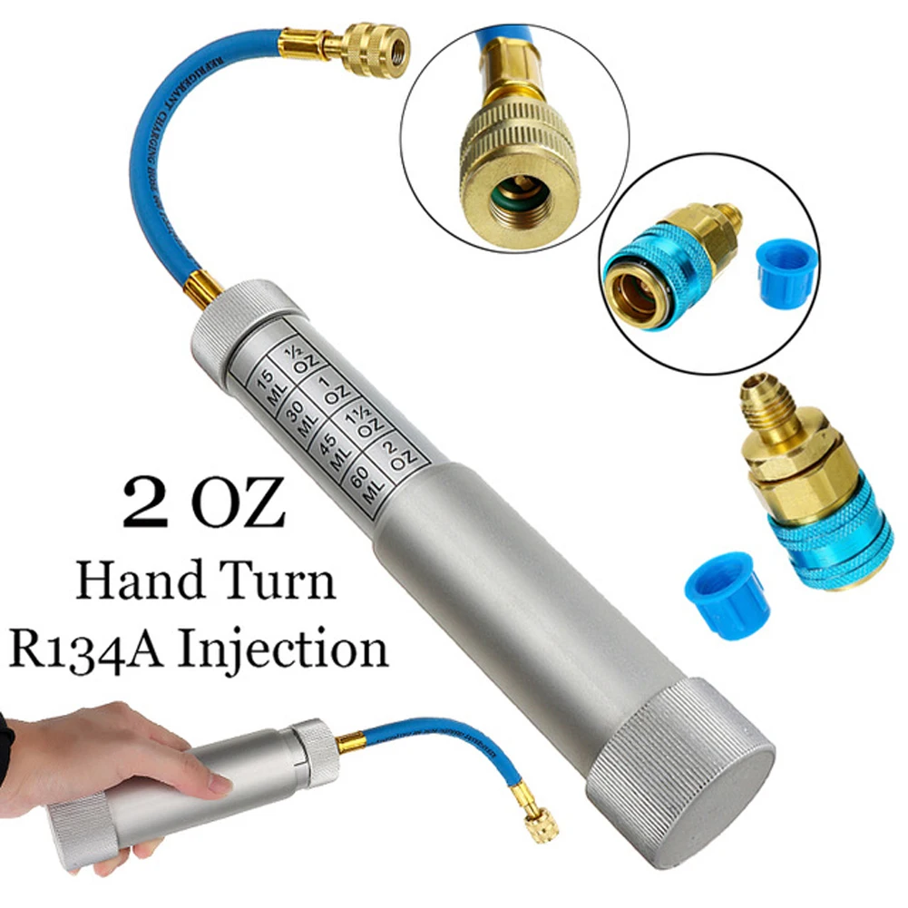 R134A Liquid Fuel Injector 2Oz Oil/Dye Syringe Car Air Conditioner Refill Dye/Oil Injector 1/4 Inch Sae Refrigerant Fluid Filler