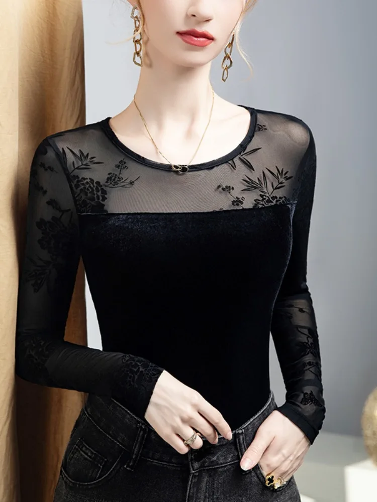 

Flocked Flower Lace Trim Velvet T-Shirt Women Black Long Sleeve Elegant Basic Top Chic 2025 Fall Winter New Arrival