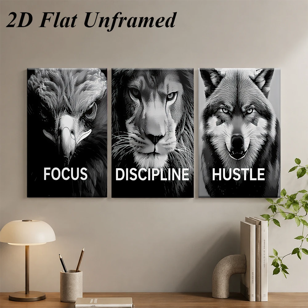 1 set of modern minimalist black and white animal triptych frameless decorative painting eagle lion wolf 2D flat