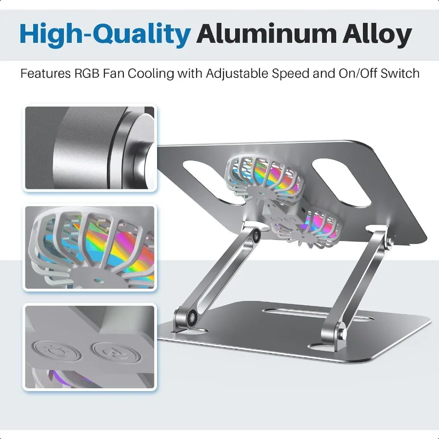 Suporte de resfriamento ajustável para laptop com 2 ventiladores silenciosos Iluminação RGB Liga de alumínio Design ergonômico dobrável para livro Lenovo ASUS De