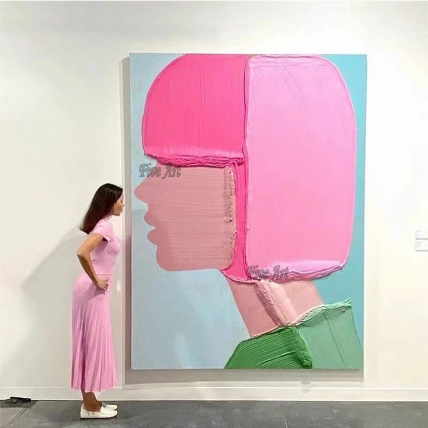 

3D Figure Picture Art Canvas Oil Painting Abstract Pink Hair Girls Hand Drawing Frameless Wall Hanging Decor Handmade Artwork