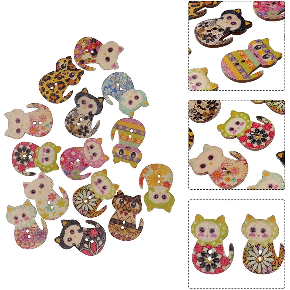 50 PCS/Lot Multicolored Cat Shape 2 Holes Wooden Buttons For Clothing Sewing and Crafting DIY Clothing Sewing Accessories