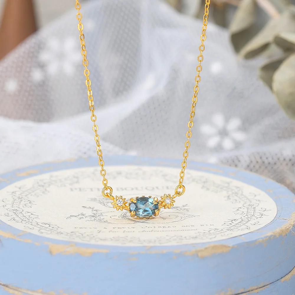 LAMOON Vingtate 925 Silver Necklace For Women Natural London Blue Topaz Small Pendant 14K Gold Plated Fine Jewelry LMNI111