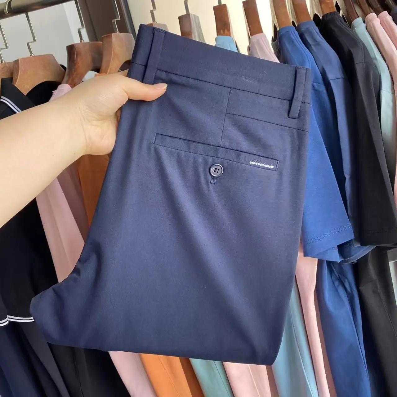 

Busin Casual Slim Straight Leg Men's Pants Spring Summer Thin Hometailored Six Dimensional Elastic Smooth Anti-Wrinkle